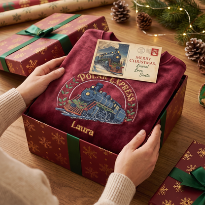 Personalized Polar Express Train Christmas Sweatshirt with Custom Name | Vintage Holiday Embroidered Crewneck Gift