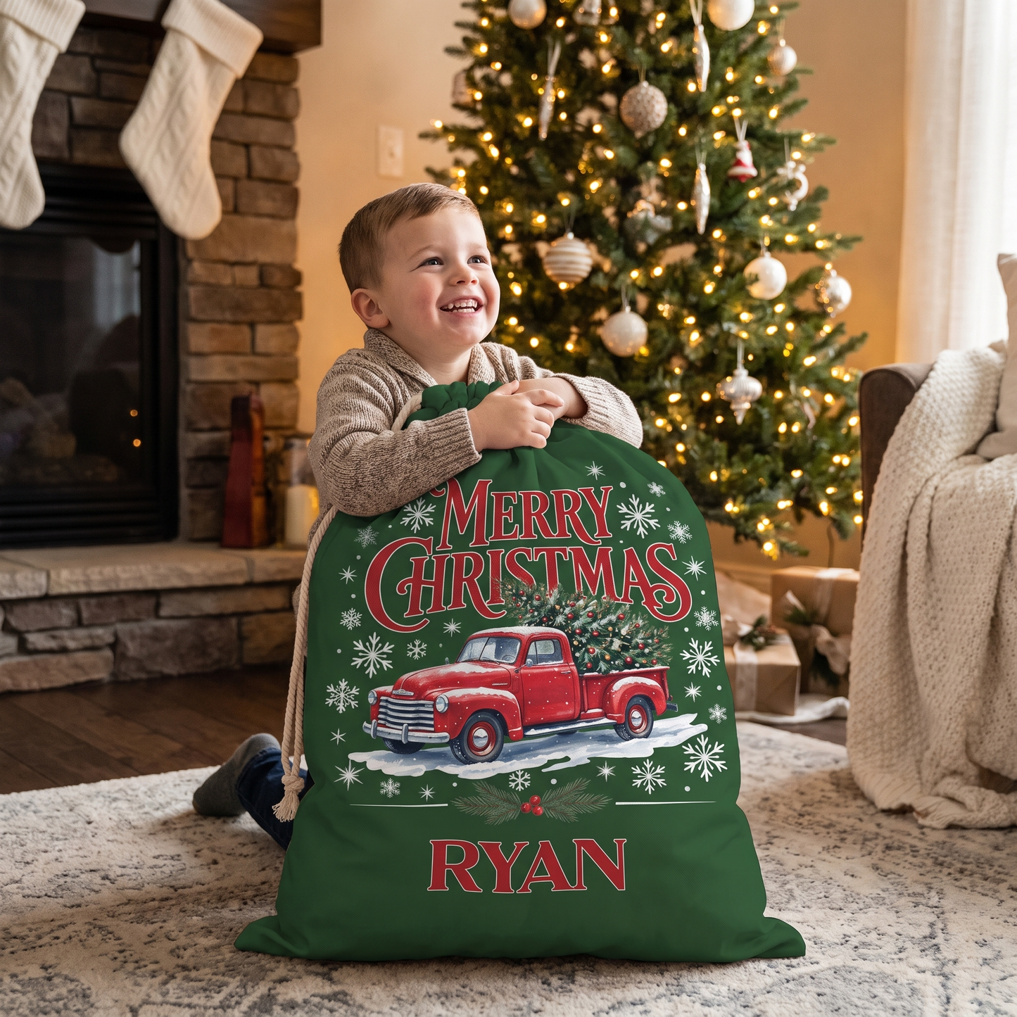 Personalized Merry Christmas Vintage Truck Christmas Sack with Custom Name