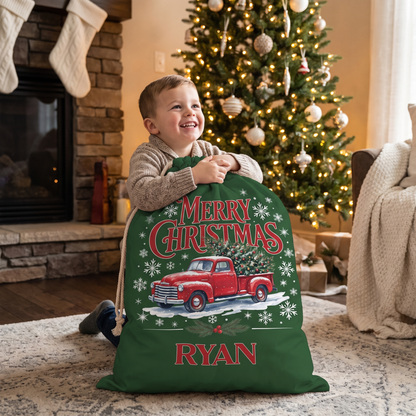 Personalized Merry Christmas Vintage Truck Christmas Sack with Custom Name
