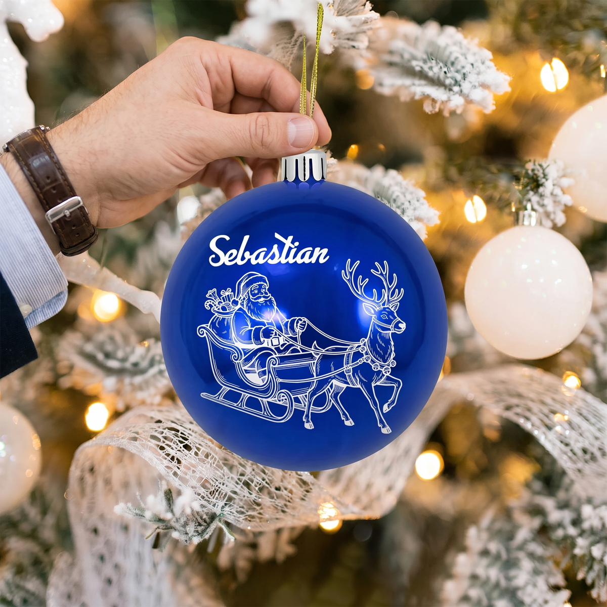 Personalized Name Santa Sleigh Reindeer Blue Christmas Ball Ornament, Custom Line Art Shatterproof Plastic Bauble