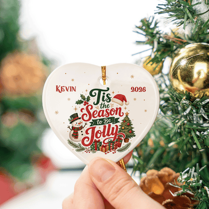 Personalized Tis the Season to Be Jolly Heart Ceramic Ornament, Custom Name Christmas Gift