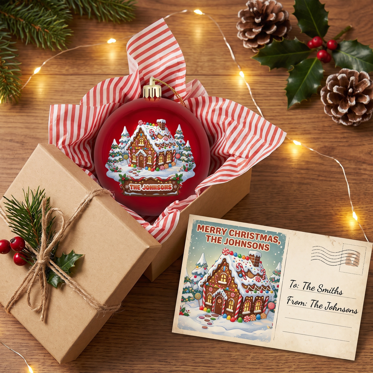 Personalized Family Name Gingerbread House Red Christmas Ball Ornament, Custom Full Color Shatterproof Plastic Bauble