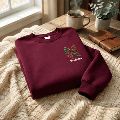Personalized Christmas Bow Embroidered Sweatshirt | Custom Name Holiday Ribbon Crewneck Gift