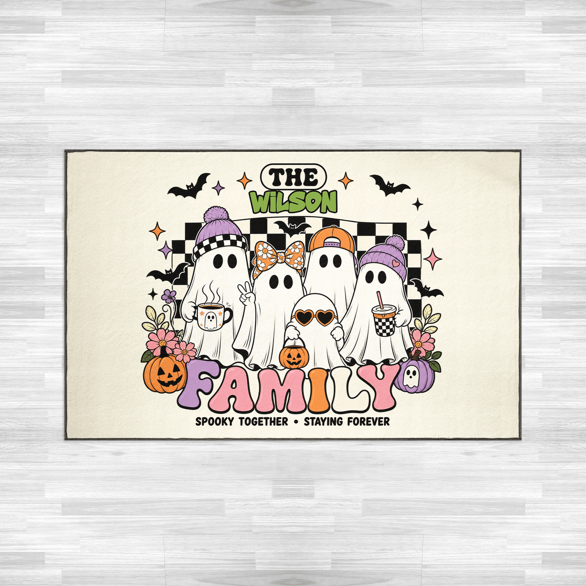 Personalized Halloween Cute Groovy Ghost Family Rug Custom Name Home Decor Floor Mat