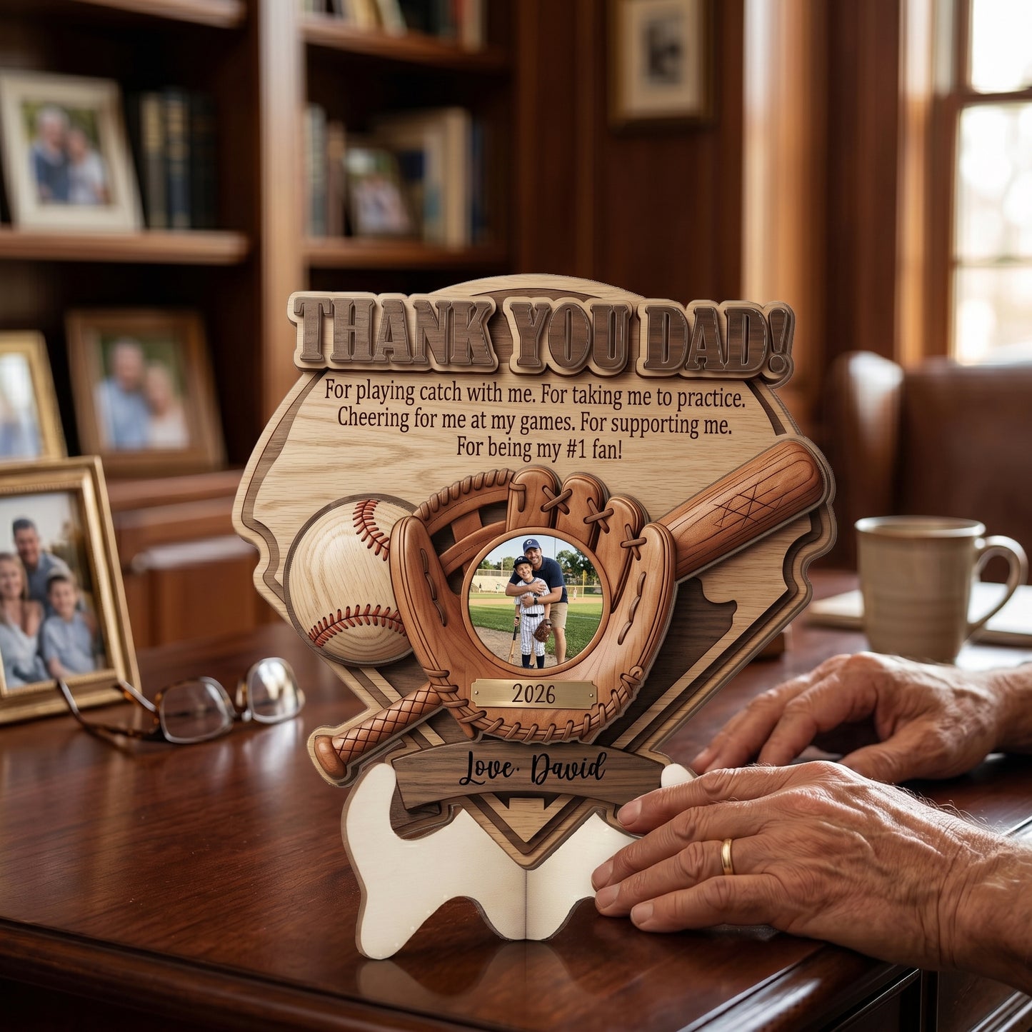 Personalized Photo Wooden Sign for Dad – Custom Name 2 Layer Father’s Day Gift, Thank You Dad Decor