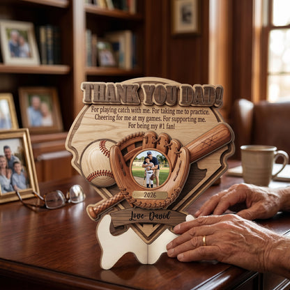 Personalized Photo Wooden Sign for Dad – Custom Name 2 Layer Father’s Day Gift, Thank You Dad Decor