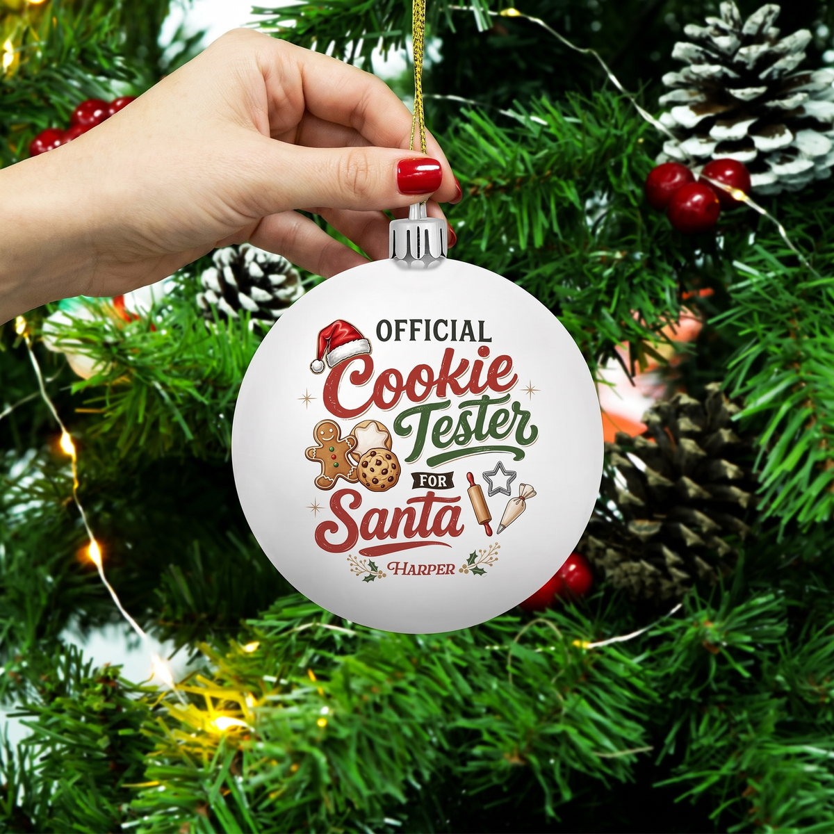 Personalized Name Official Cookie Tester For Santa White Christmas Ball Ornament, Custom Shatterproof Plastic Holiday Bauble