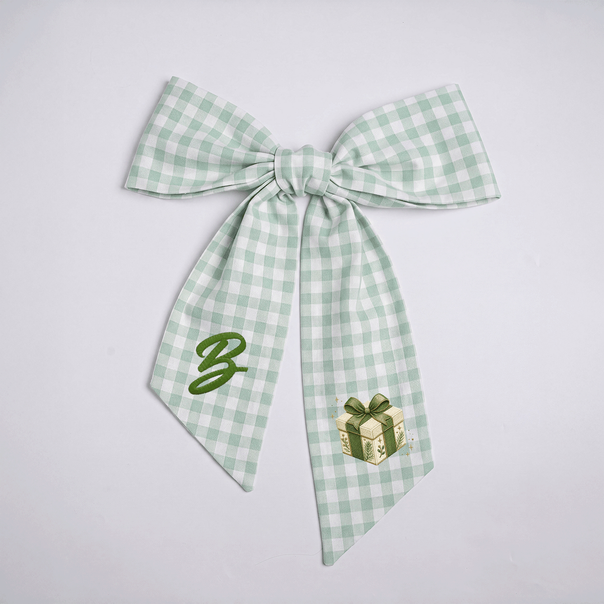Custom Letter Green Bow Christmas Gift Box Embroidered Linen Wreath Sash, Personalized Monogram Holiday Bow Sash for Door Decor