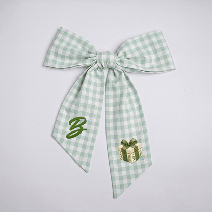 Custom Letter Green Bow Christmas Gift Box Embroidered Linen Wreath Sash, Personalized Monogram Holiday Bow Sash for Door Decor