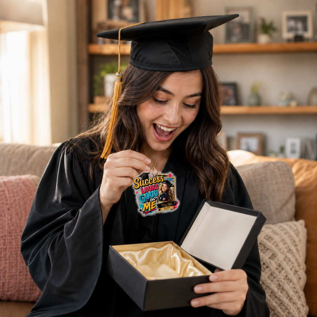 Success Looks Good on Me Custom Photo Acrylic Ornament, Personalized Graduation Gift with Name