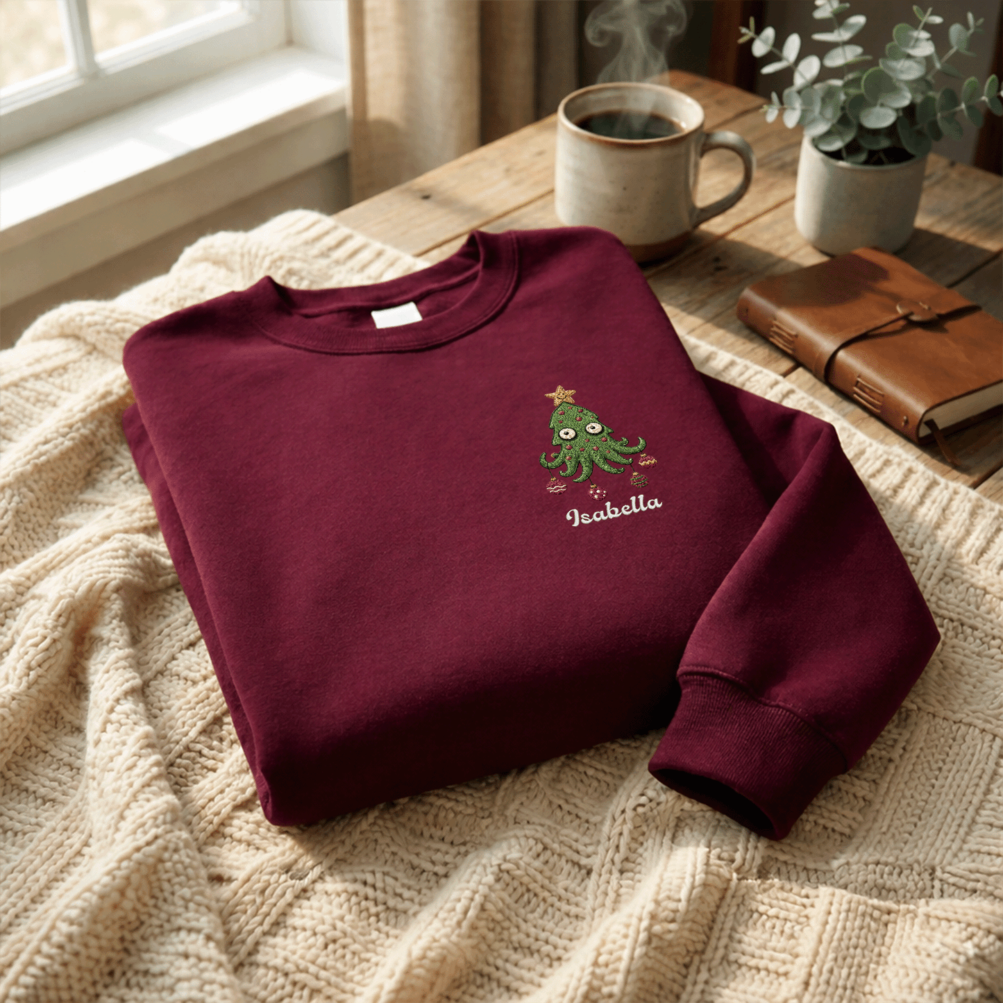 Personalized Embroidered Cute Christmas Tree Sweatshirt with Custom Name