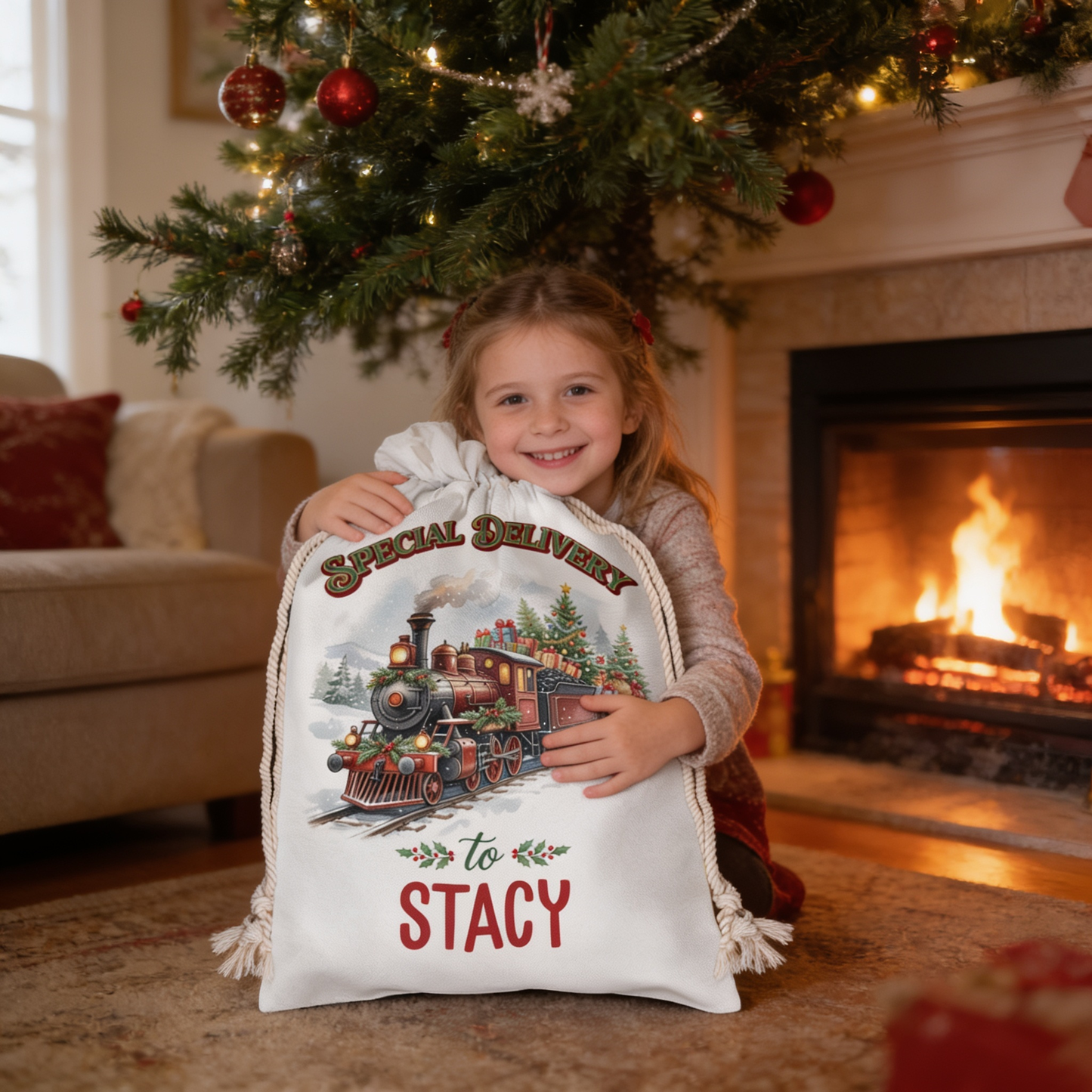 Personalized Special Delivery Train Christmas Sack, Custom Name Santa Gift Bag