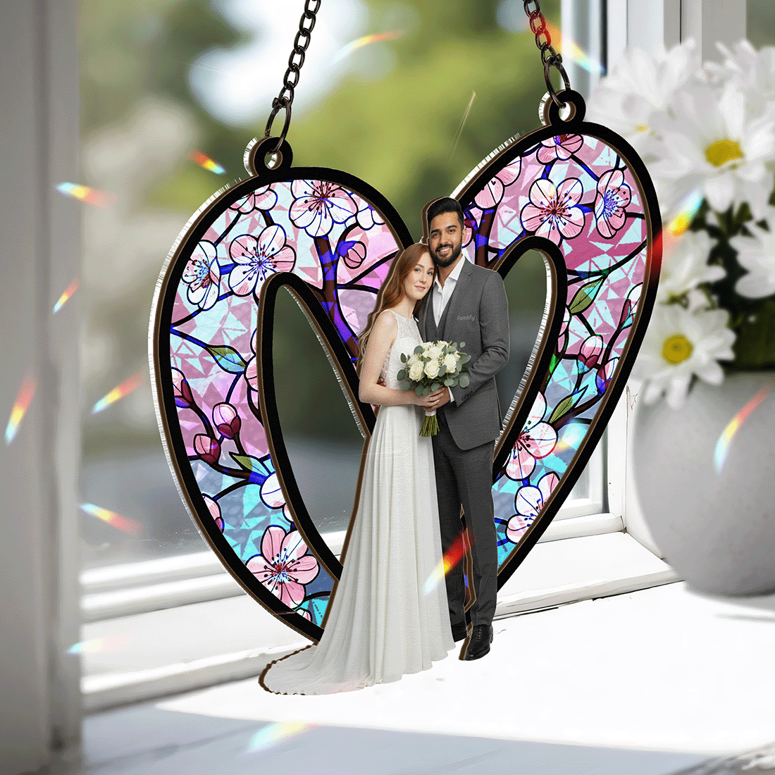 Two Hearts, One Love – Romantic Photo Gift for Couples – Personalized Heart Couple Photo 2-Layer Stained Glass Suncatcher
