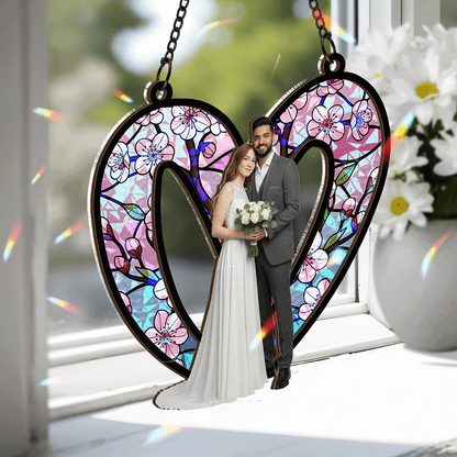 Two Hearts, One Love – Romantic Photo Gift for Couples – Personalized Heart Couple Photo 2-Layer Stained Glass Suncatcher
