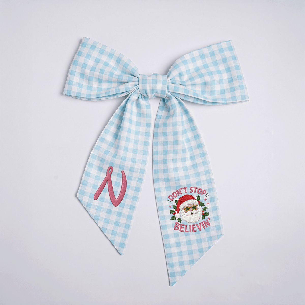 Custom Monogram Don't Stop Believin' Santa Embroidered Linen Door Wreath Sash, Personalized Initial Star Sunglasses Santa Quote Holiday Wreath Sash & Front Door Decor