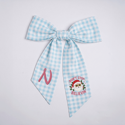 Custom Monogram Don't Stop Believin' Santa Embroidered Linen Door Wreath Sash, Personalized Initial Star Sunglasses Santa Quote Holiday Wreath Sash & Front Door Decor
