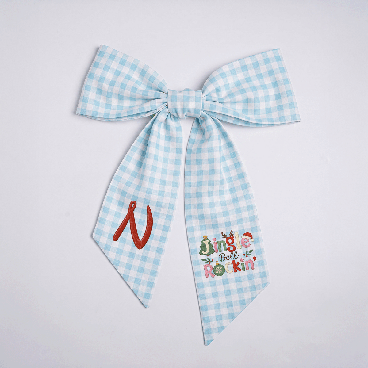 Custom Monogram Jingle Bell Rockin' Embroidered Linen Door Wreath Sash, Personalized Initial Festive Typography Reindeer Santa Hat Holiday Wreath Sash & Front Door Decor
