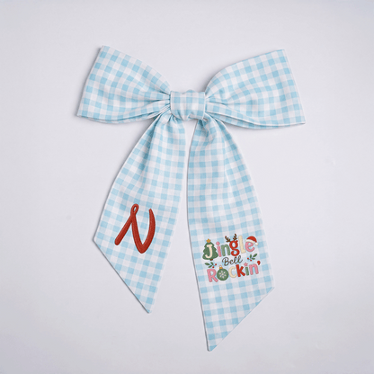 Custom Monogram Jingle Bell Rockin' Embroidered Linen Door Wreath Sash, Personalized Initial Festive Typography Reindeer Santa Hat Holiday Wreath Sash & Front Door Decor