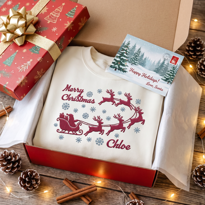 Personalized Embroidered Santa Sleigh Reindeer Sweatshirt with Custom Name