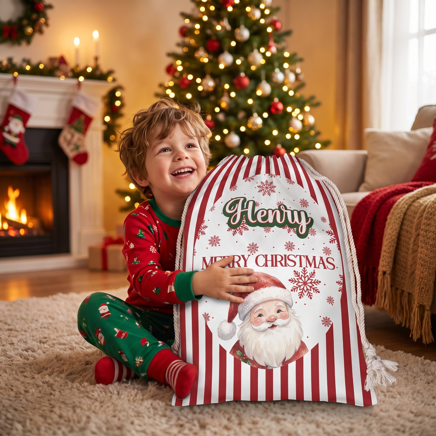 Personalized Cute Santa Pattern Christmas Sack with Custom Name