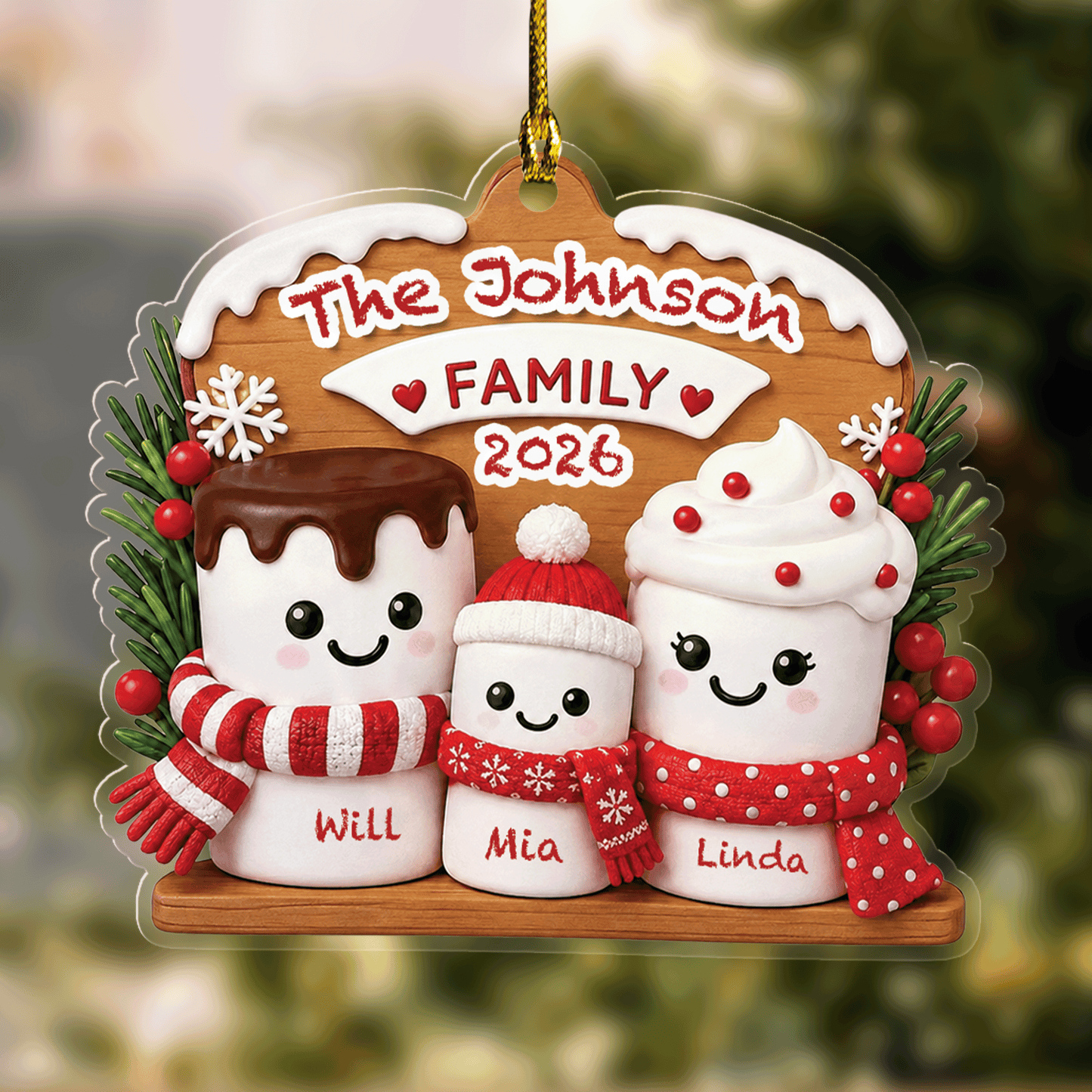 Personalized Marshmallow Family Acrylic Christmas Ornament, Custom Name Holiday Gift