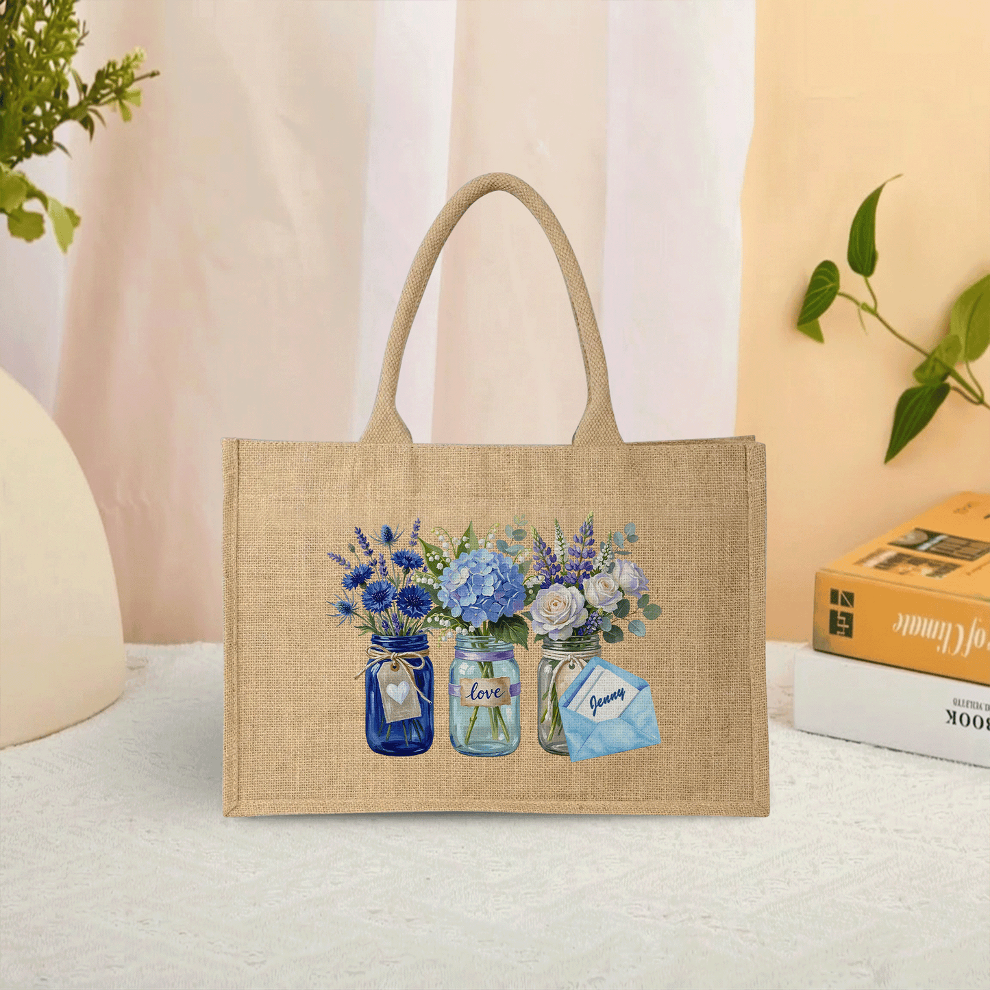 Personalized Blue Blossom Linen Handbag – Family Love Gift