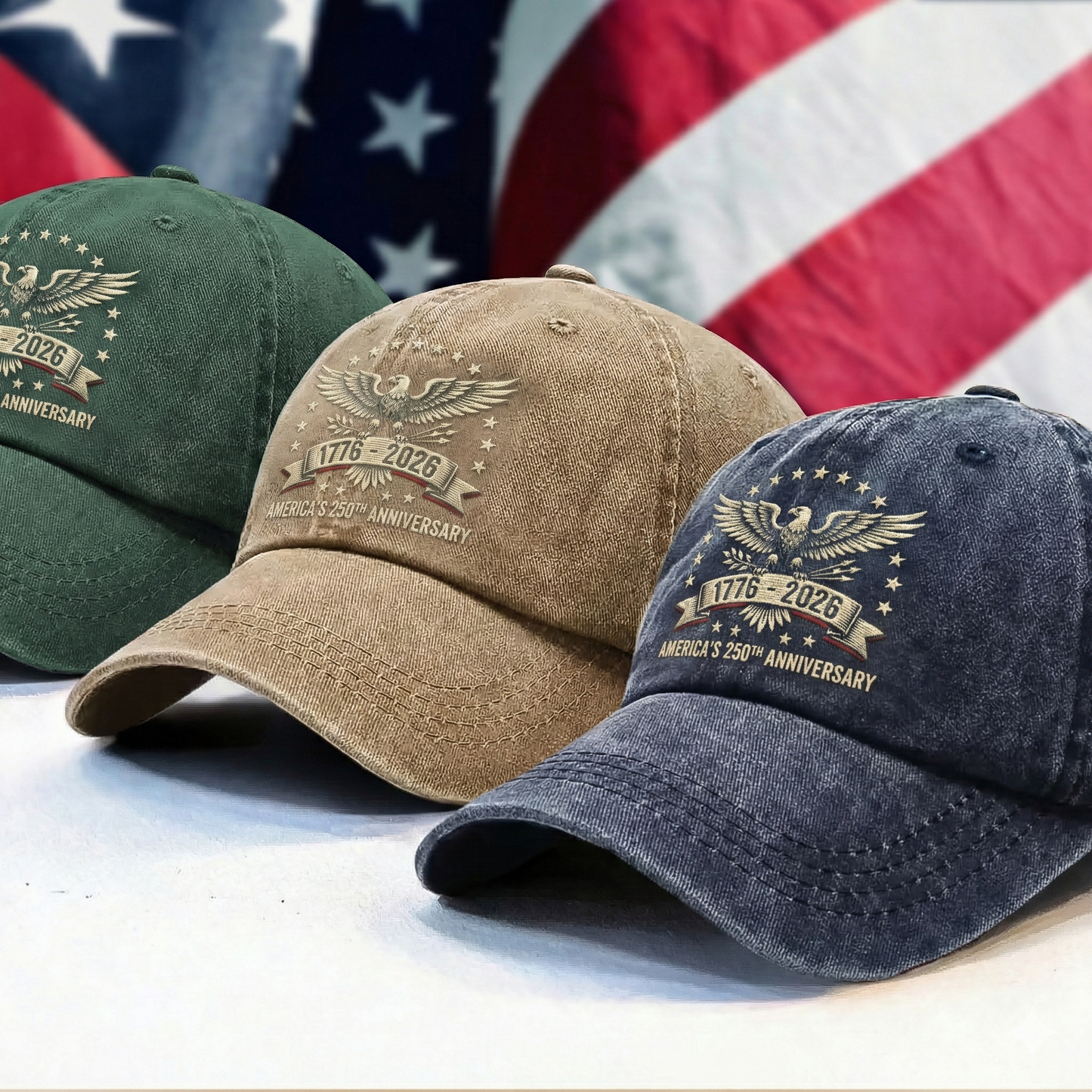 USA 250th Anniversary 1776–2026 Custom Name Washed Denim Cap – Meaningful Gift for Family