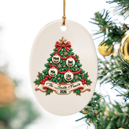 Personalized Christmas Tree Family Ceramic Oval Ornament, Custom Member Names Year Xmas Tree Hanging Decor Keepsake, Warm Holiday Gift for Family