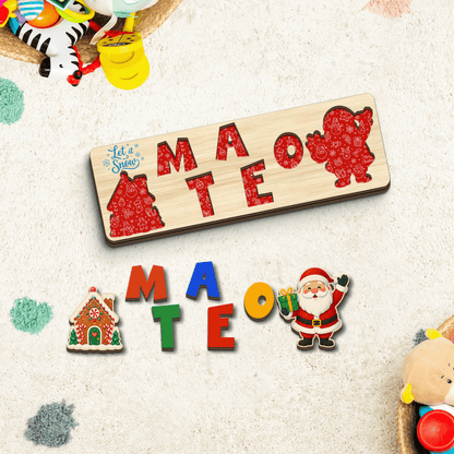 Personalized Christmas Santa & Gingerbread Wooden Puzzle Board - Custom Kids Holiday Learning Toy & Nursery Decor