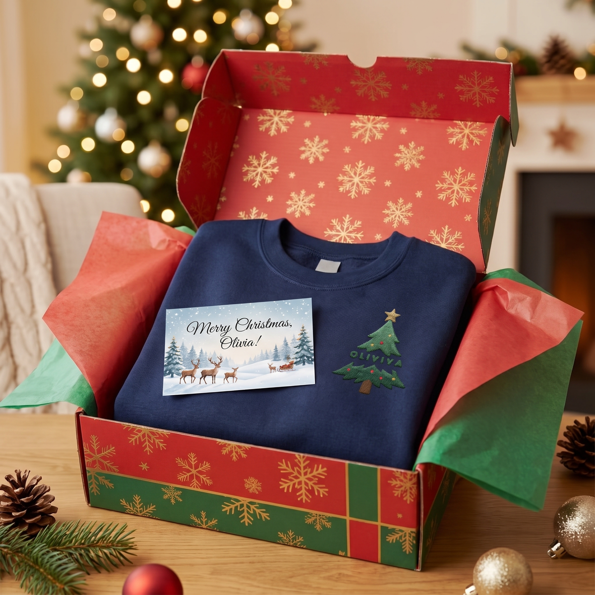 Navy left chest Christmas tree name sweatshirt in a snowflake gift box with a card