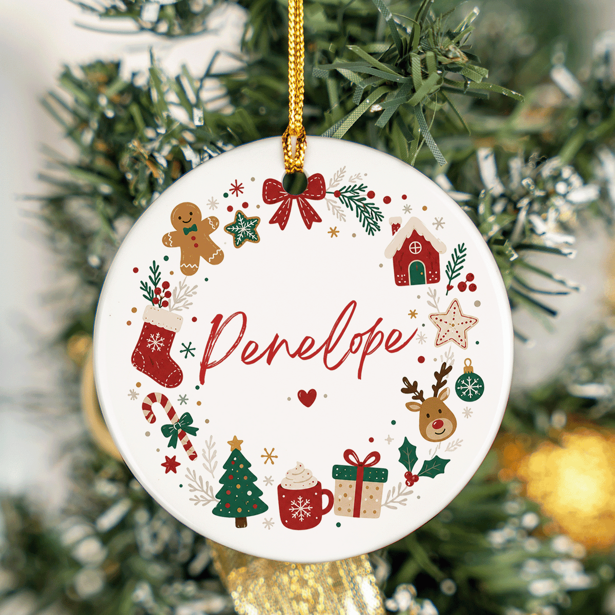 Round white ceramic ornament with a Christmas icon wreath of gingerbread, reindeer and gifts around a custom name