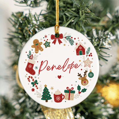 Round white ceramic ornament with a Christmas icon wreath of gingerbread, reindeer and gifts around a custom name