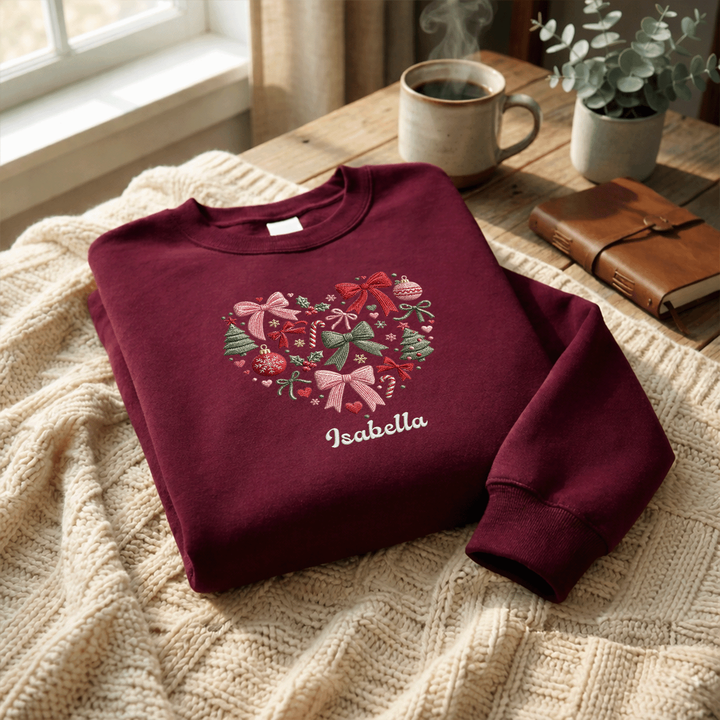 Personalized Embroidered Christmas Heart Wreath Sweatshirt with Custom Name