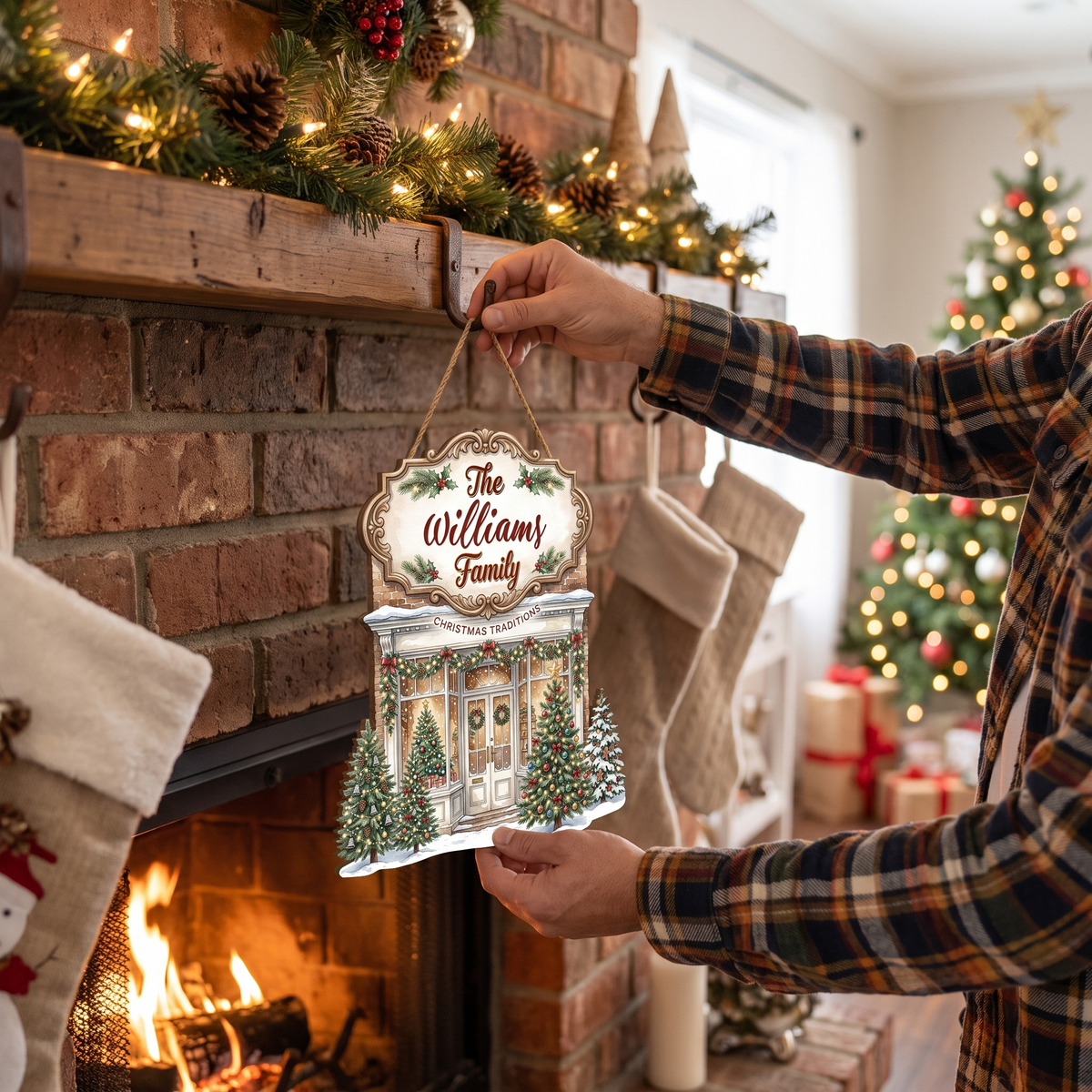 Personalized Christmas Traditions Shop Custom Shape Wood Sign, Custom Family Name Vintage Storefront Wooden Hanging Plaque, Festive Holiday Door & Wall Decor Family Gift