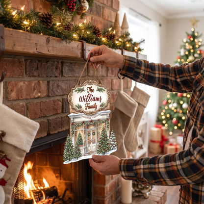 Personalized Christmas Traditions Shop Custom Shape Wood Sign, Custom Family Name Vintage Storefront Wooden Hanging Plaque, Festive Holiday Door & Wall Decor Family Gift