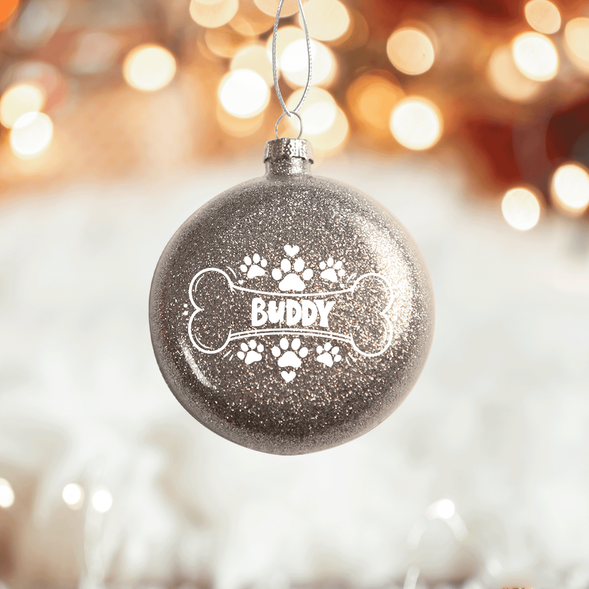 Personalized Dog Name Bone Paw Print Red Glitter Ball Ornament, Double-Sided Shatterproof Plastic Pet Bauble