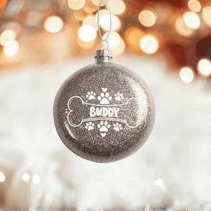 Personalized Dog Name Bone Paw Print Red Glitter Ball Ornament, Double-Sided Shatterproof Plastic Pet Bauble
