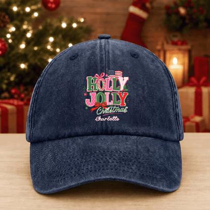 Holly Jolly Christmas Personalized Embroidered Baseball Cap, Custom Name Holiday Hat