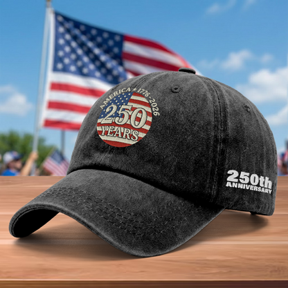 America 250 Years 1776-2026 Embroidered Washed Denim Baseball Cap – Custom Name Patriotic USA Anniversary Hat