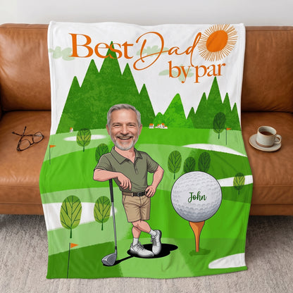 Custom Face Golf Dad Blanket – “Best Dad By Par” Personalized Photo Fleece Throw | Father’s Day Gift for Dad