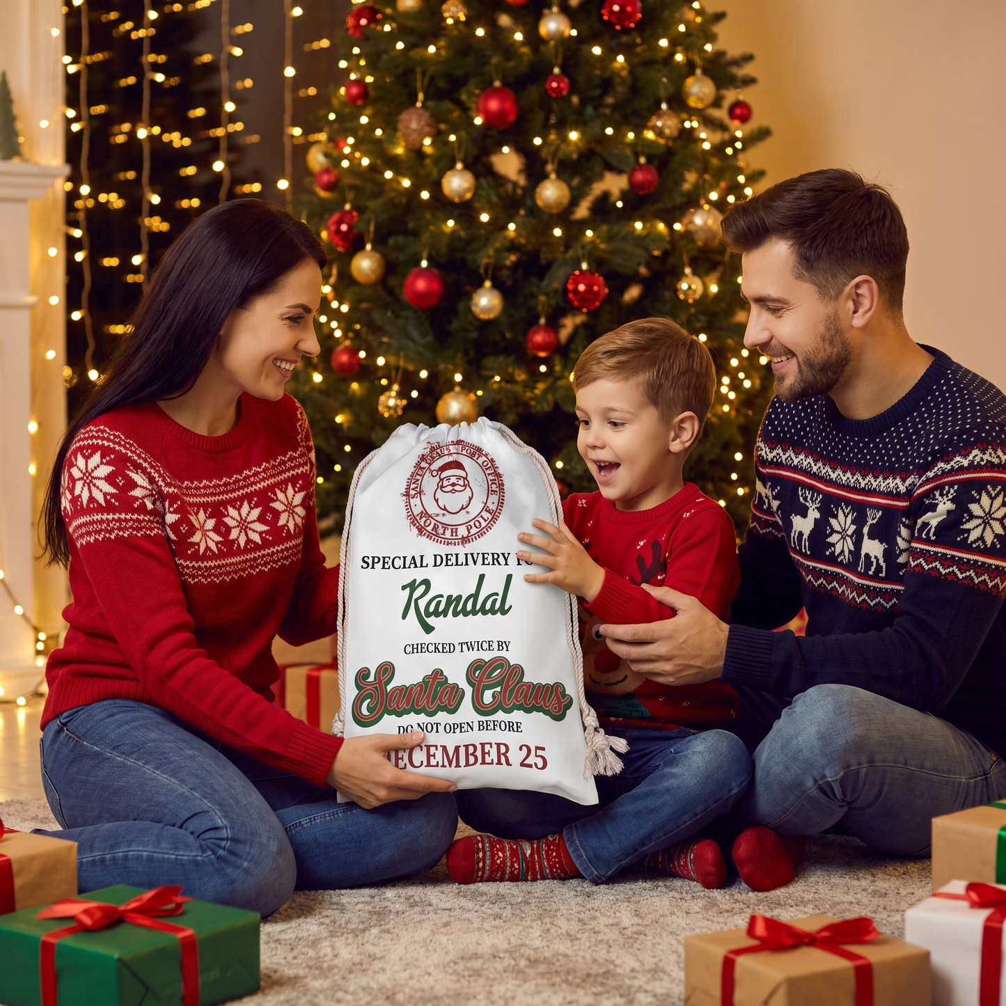 Personalized Special Delivery Checked Twice by Santa Claus Christmas Sack with Custom Name