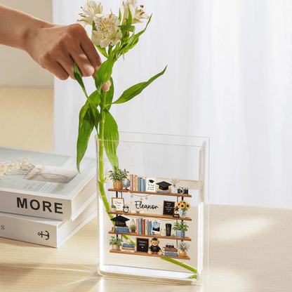 Personalized Graduation Bookshelf Acrylic Book Vase, Custom Name Graduation Flower Vase