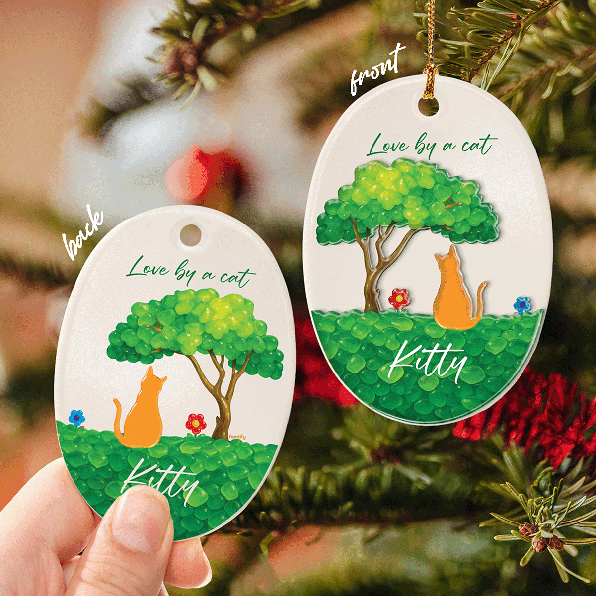 Love By A Cat - Personalized Cat Lover Ceramic and Acrylic Ornament