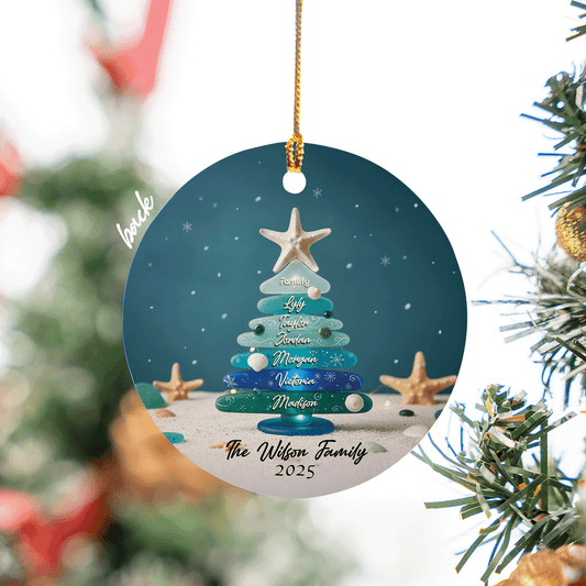 Personalized Family Name Sea Glass Themed Ceramic Acrylic Ornament