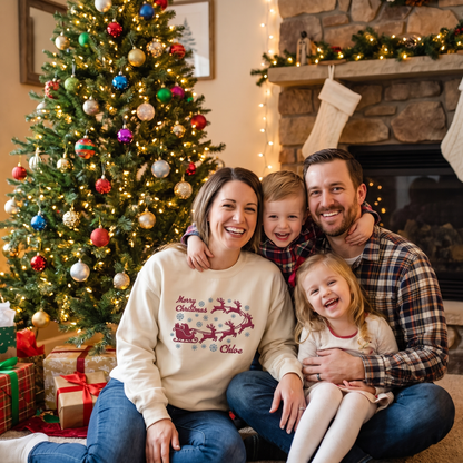 Personalized Embroidered Santa Sleigh Reindeer Sweatshirt with Custom Name