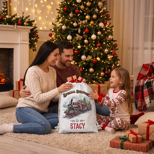 Personalized Special Delivery Train Christmas Sack, Custom Name Santa Gift Bag