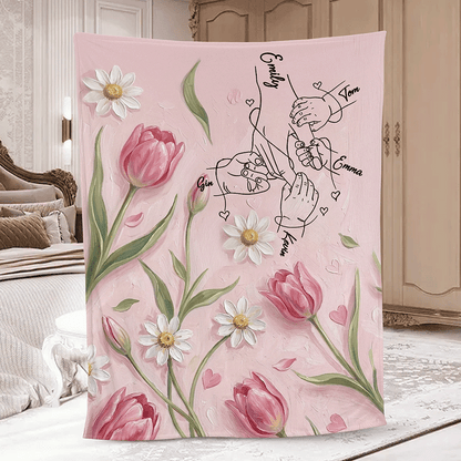 Personalized Mom Blanket with Names – Custom Holding Hands Design Gift for Mother