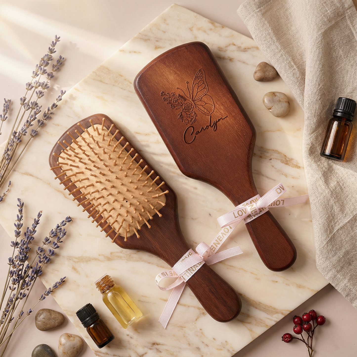 Personalized Wooden Hair Comb with Ribbon – Engraved Name Mother’s Day Gift for Mom