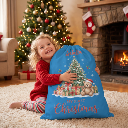 Personalized Blue Christmas Tree Christmas Sack with Custom Name