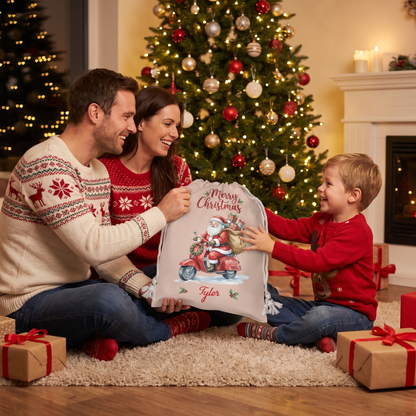 Personalized Cute Santa on Scooter Christmas Sack with Custom Name